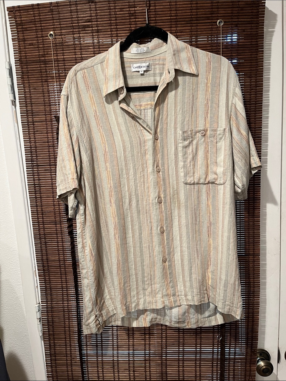 Christopher & Banks Men's Short-Sleeve Button-Up Shirt in green and Tan Stripes